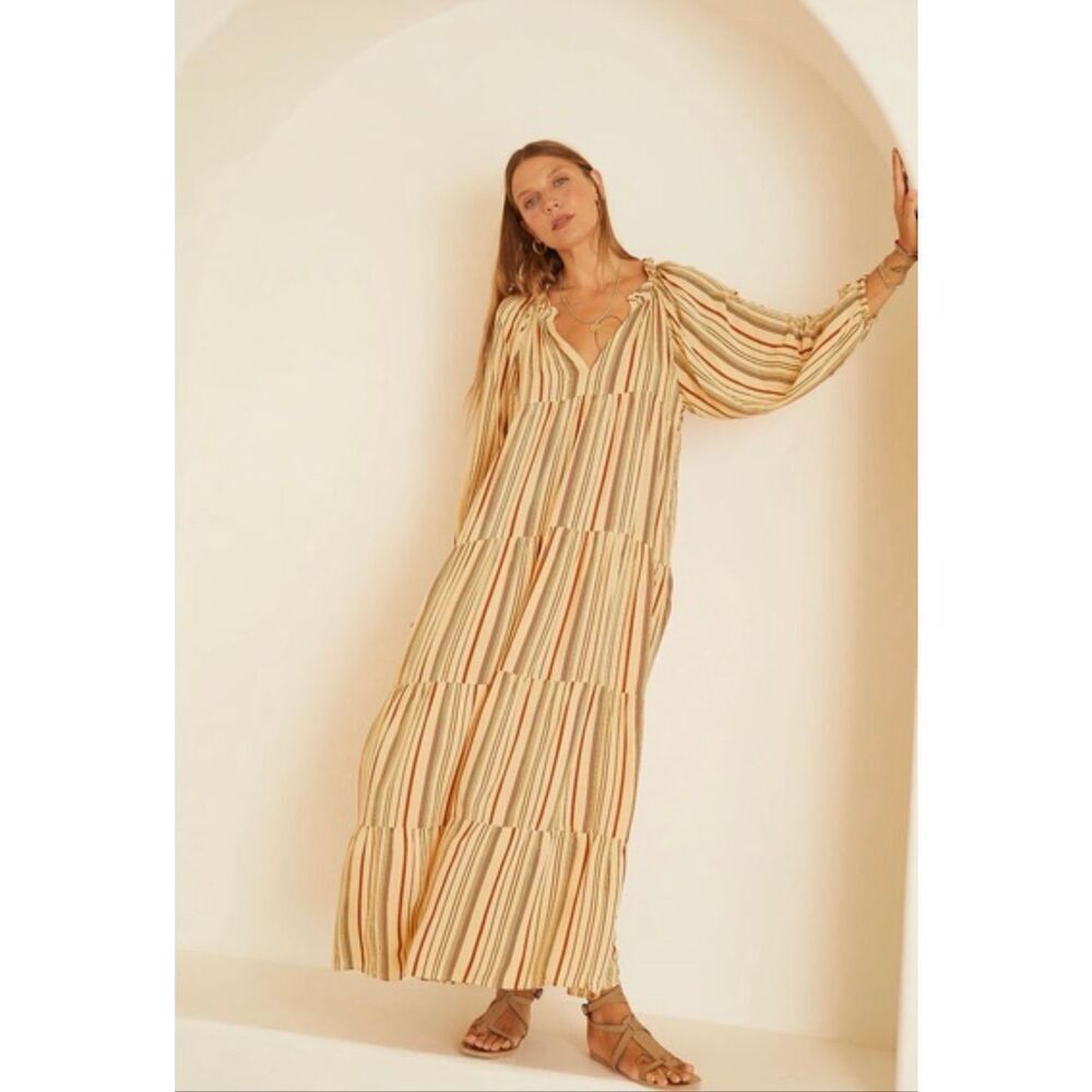 Natalie Martin Rose Maxi Dress in Beige/Brown Thin Stripes Size XS